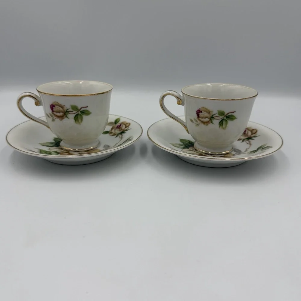 Vintage Lynmore Golden Rose 2 Teacups With Saucers  Fine China Japan Yellow Pink